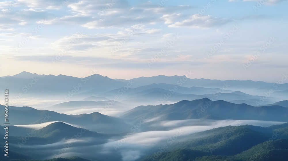 Obraz premium A serene mountain landscape shrouded in mist and fog at sunrise where the morning sun glows over a blue forest valley and distant snowy peaks under a cloudy sky