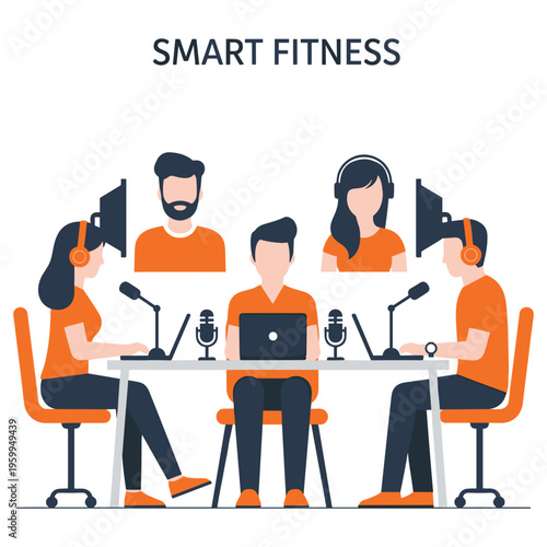 Smart fitness podcast featuring group discussion with virtual participants and microphones