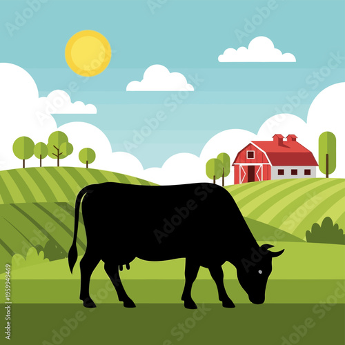 Black cow in green field.