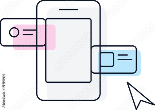 A minimalist vector illustration of a smartphone interface with interactive floating card elements