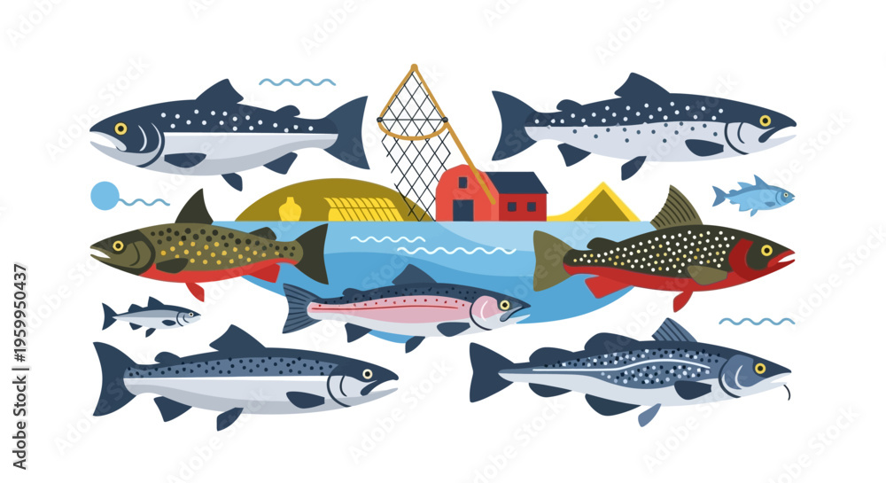 Obraz premium Flat Design Fish Collection Vector: Salmon, Trout, Cod, and other Seafood Varieties in a Fishing Scene with Net and Barn