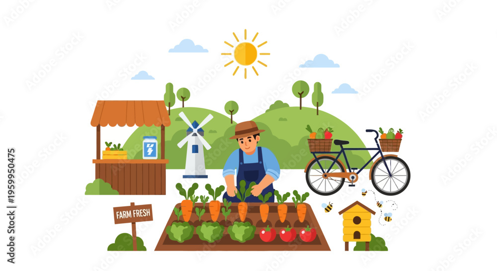 Fototapeta premium Happy Farmer Gardening Fresh Organic Vegetables at Rural Farm Stand with Windmill, Bike & Beehive. Sustainable Agriculture Illustration.
