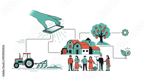 Smart Farming & Digital Agriculture. Mobile App Management Connecting Farmers, Tractors, Fields, and Barns for Modern, Sustainable Farm Operations.