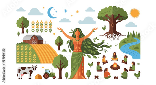 Gaia: Mother Earth Goddess Illustration with Farming, Rural Life, Nature, and Community. Sustainable Living & Environmental Harmony.