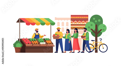 Community Farmer's Market: Shoppers Buying Fresh Fruits & Vegetables from Vendor - Flat Design Illustration