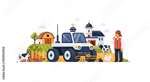 Smart Farming Technology: Autonomous Robot Tractor and Farmer on a Modern Agricultural Landscape