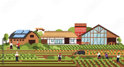 Vibrant Rural Farming Landscape Illustration with Sustainable Practices, Farmers, Traditional Houses, and Modern Greenhouses