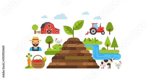 Flat Design Farm Life Illustration: Agriculture, Growth, and Sustainable Rural Living
