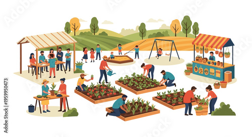 Community Garden & Local Farmers Market: People Planting, Harvesting, Learning, and Selling Fresh Produce with Families and Kids Playing Outdoors.