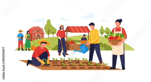 Happy Farmers Cultivating, Harvesting, and Selling Fresh Organic Produce at a Vibrant Community Farm and Market