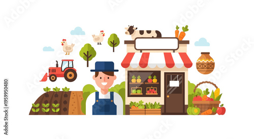 Vibrant Farm to Table Concept: Happy Farmer, Fresh Produce Market & Agricultural Scene Illustration