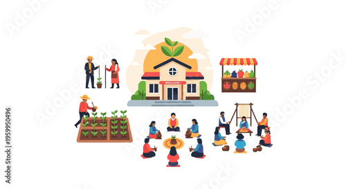 Sustainable Community & Local Economy Concept: Farming, Traditional Crafts, and Produce Market Life Illustration