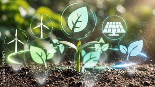 Sustainable energy icons and a small green plant growing in soil with solar panel and wind turbine graphics