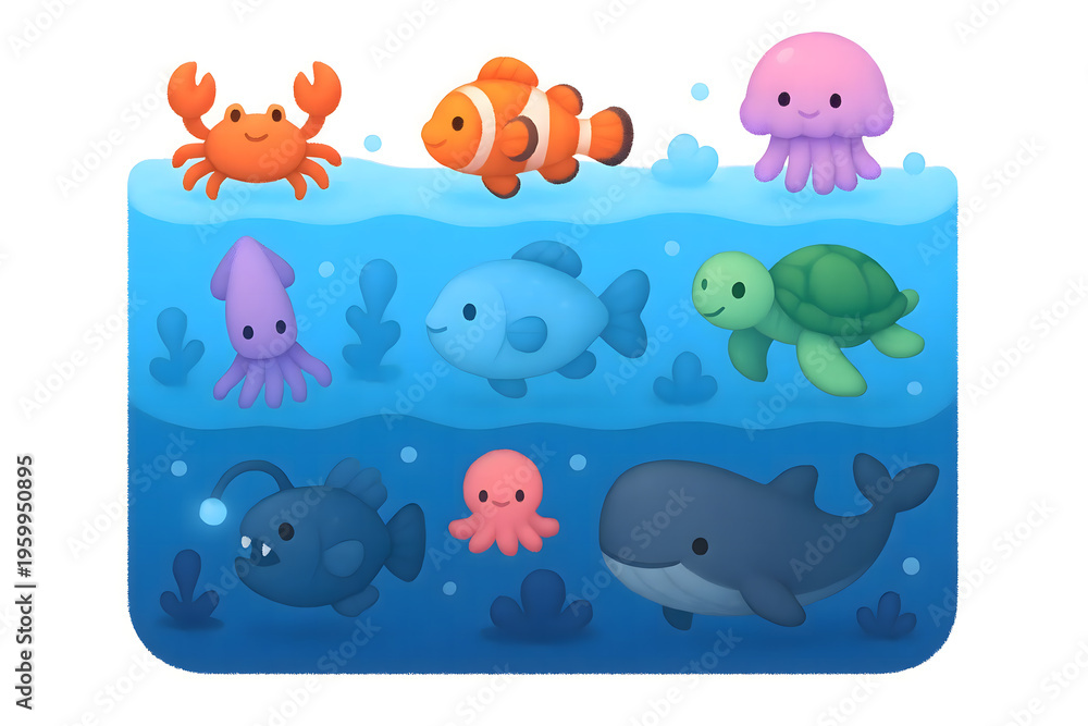 Naklejka premium “Underwater World Cute Sea Creatures Across Ocean Depths – Educational Illustration for Kids”