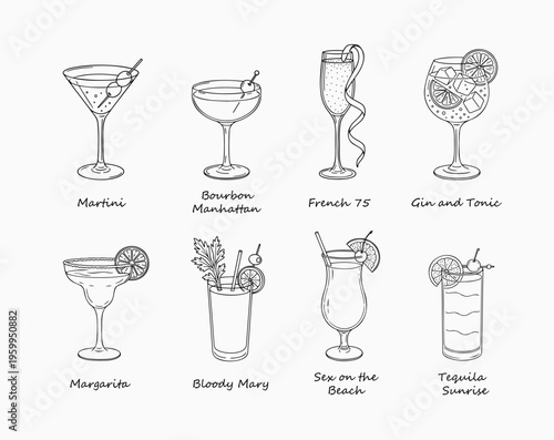 Cocktail illustration set in clean line art style. Collection of classic alcoholic drinks in different glasses with garnishes. Minimal black outline vector for bar menu, poster or design.