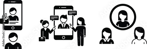 People interacting with mobile devices and social media profiles