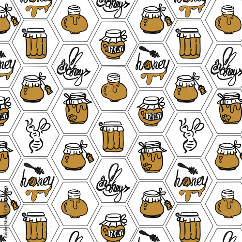 Seamless vector pattern with hand-drawn honey jars, bees, and lettering arranged in a hexagonal honeycomb grid. Stylish black line art combined with warm golden accents creates a modern 
