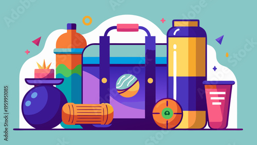 Fitness equipment set with sports bag water bottles dumbbell towel and accessories flat illustration colorful healthy lifestyle gym training concept