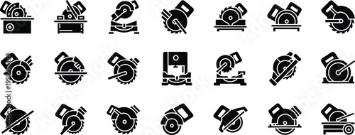 Collection of circular saw and miter saw glyph icons, industrial power tools for woodworking, construction equipment set for carpentry and timber cutting