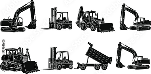 Set of black heavy construction machinery silhouettes and industrial vehicle icons including excavator, forklift, bulldozer, dump truck, and backhoe loader vector illustration