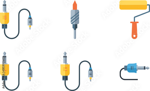 Electric Tools and Painting Equipment Icon Set Featuring Drill Plug Cable Tester and Paint Roller Flat Vector Collection Isolated on White Background