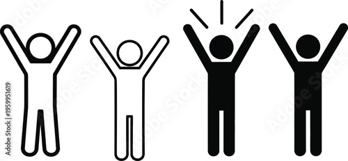 Four stick figures celebrating with arms raised in joy and excitement