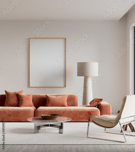Modern living room interior with a large blank poster frame mockup on a white wall above a terracotta velvet sofa for stylish art display and home decor. 3D illustration