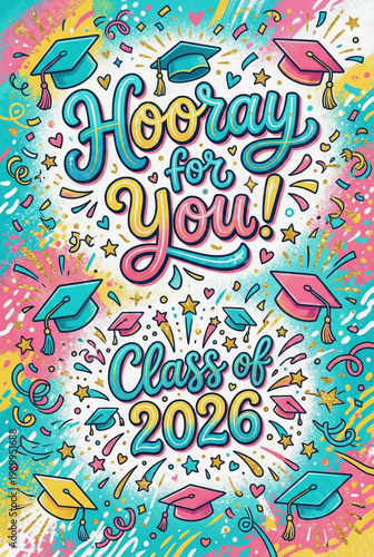 Colorful cartoon graduation greeting card with playful 