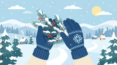 Hands in Mittens Holding Snowy Pine Branch in Winter Landscape