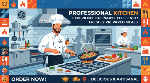 Professional Kitchen Scene with Chef Cooking Dish