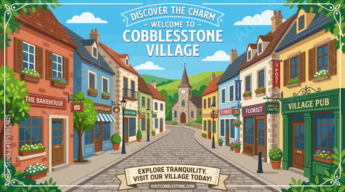 Charming Cobblestone Village Scene with Shops and Church