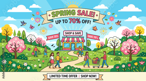 Spring Sale Banner with People Shopping Outdoors