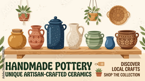 Artisan Handmade Pottery Display with Plants and Text
