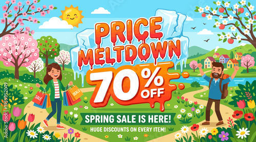 Spring Sale Banner Price Meltdown with Customers and Landscape
