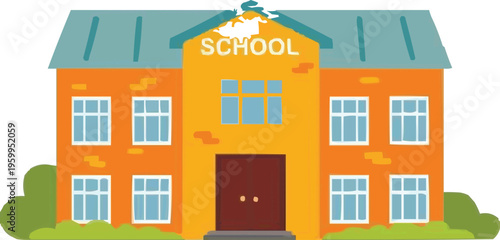 Simple vector illustration of an old brick school with windows and a door in an urban street.