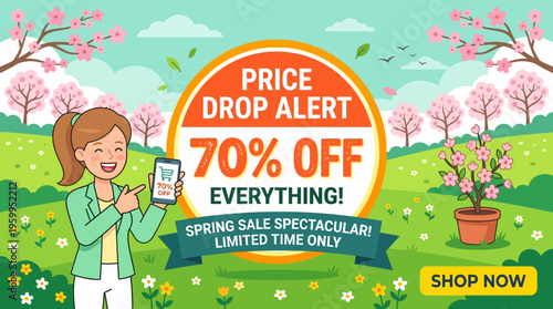 Spring Sale Banner with Price Drop Alert and Woman