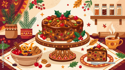 Festive Christmas Fruitcake on a Decorated Table
