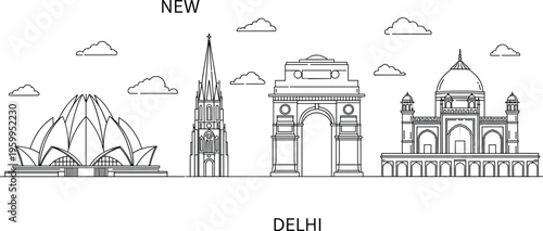 New Delhi skyline line art, India landmarks illustration, Lotus Temple India Gate Taj Mahal vector, cad drawing flat city outline design