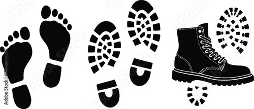 Human Footprint and Boot Sole Print Black Silhouettes Set with Combat Work Boot Graphic for Tracking Evidence Path and Walking Concepts