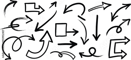 Collection of hand drawn arrows and symbols on white background
