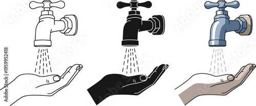 Faucet and hand illustrations in different colors and materials