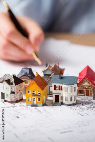 Wallpaper Mural Real estate business market, house home building purchase sale. A person writing on a piece of paper with a pen, surrounded by miniature houses of various colors and designs. Torontodigital.ca