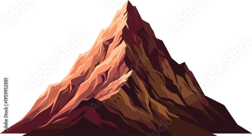 Majestic mountain peak at sunset with jagged rocks and warm orange highlights isolated on white background for outdoor adventure travel design