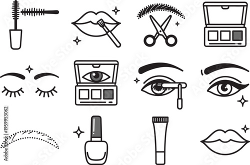Makeup and Beauty Line Icons Set featuring Mascara Lips Eyeshadow Palette Nail Polish and Eyelash Extension Symbols for Cosmetic Salon Design