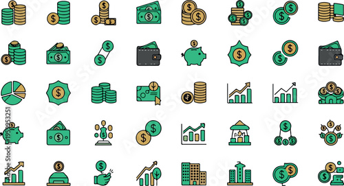 40 Business Finance Icons, Green and Gold, Vector Set, Money, Economy, Commerce