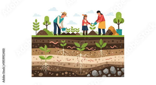 Family Gardening and Soil Cross-Section with Earthworms. Nurturing Plants, Organic Farming, and Healthy Ecosystem.