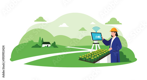 Smart Farming Technology: Farmer Monitoring Crops with Digital Tablet in Field