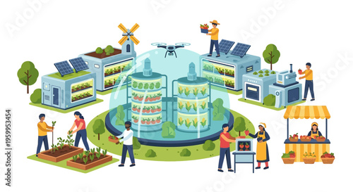 Modern Sustainable Agriculture Illustration: Smart Farming, Vertical Gardens, Renewable Energy & Community Market