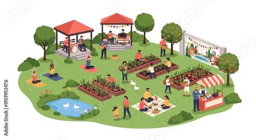 Vibrant Community Garden Park: Urban Farming, Yoga, Live Music, Picnic & Farmers Market - Isometric Illustration