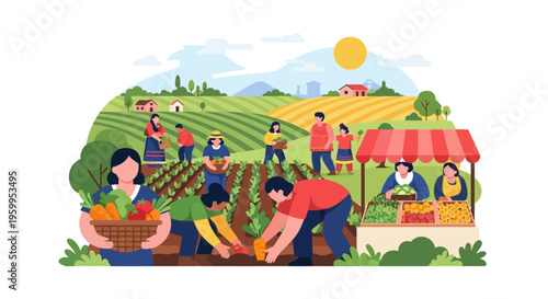 Community Farming and Local Market: People Harvesting Fresh Organic Produce, Vegetables, and Fruits in Rural Fields, Selling at a Farm Stand - Flat Vector Illustration